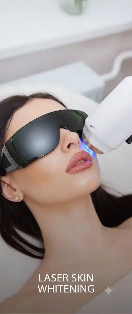Woman undergoing laser skin whitening treatment while wearing protective goggles, with a laser device targeting her face in a clinical setting.