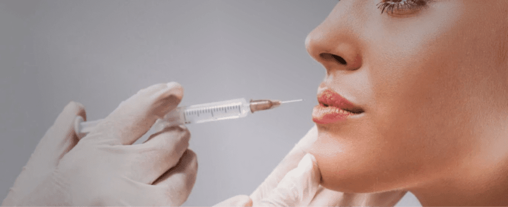 A close-up of a lip filler injection being administered to a woman.