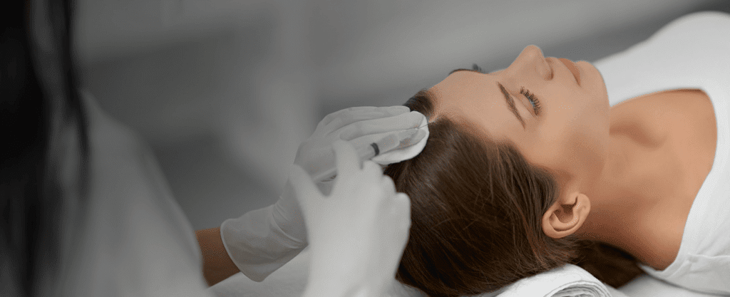 A woman lying down receiving an injection on her scalp.
