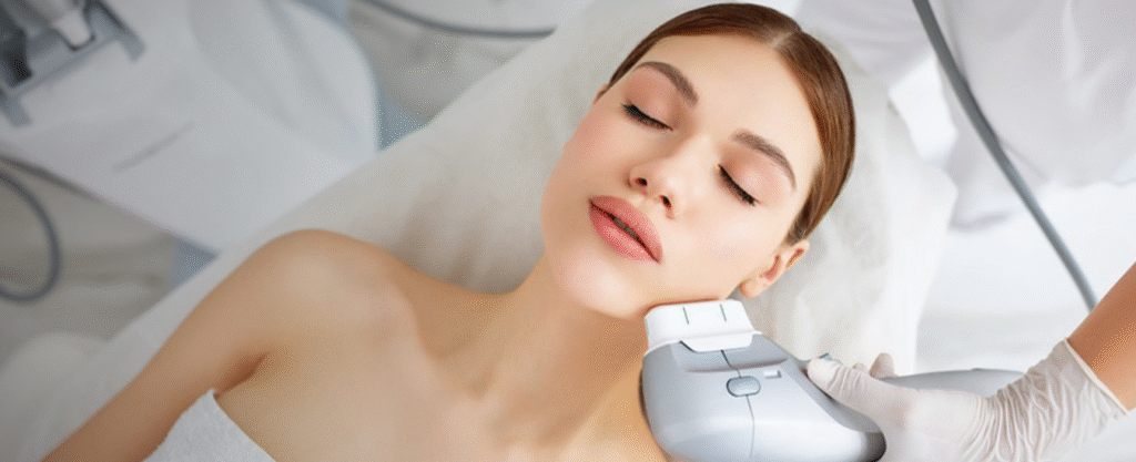 Aesthetic practitioner performing a non-invasive skin tightening treatment on a woman’s jawline and neck using an advanced energy-based device in a clinical setting.