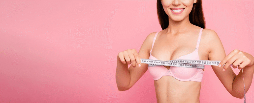 Woman measuring her chest with a tape measure.