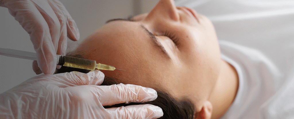 Woman receiving a cosmetic injection on her forehead.