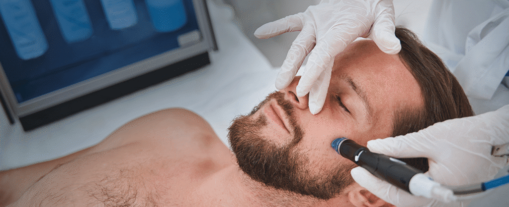 A specialist in white gloves uses a handheld skin therapy device on a man's cheek.
