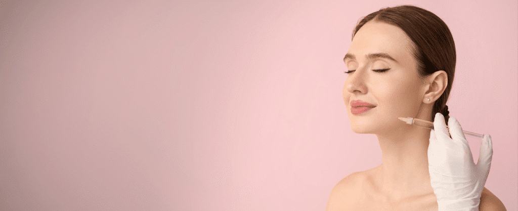 A woman receiving a cosmetic injection on her jawline from a gloved professional.