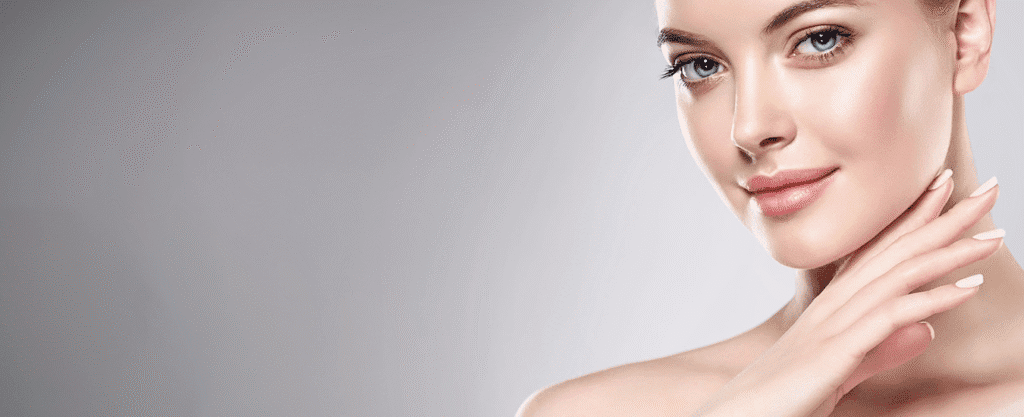 A woman with smooth, glowing skin touching her neck against a soft gray background.
