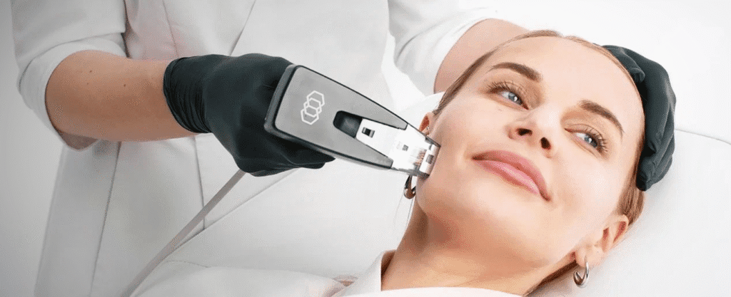 Woman receiving a non-invasive facial skin tightening treatment with a handheld aesthetic device applied to the cheek, performed by a practitioner wearing black gloves.