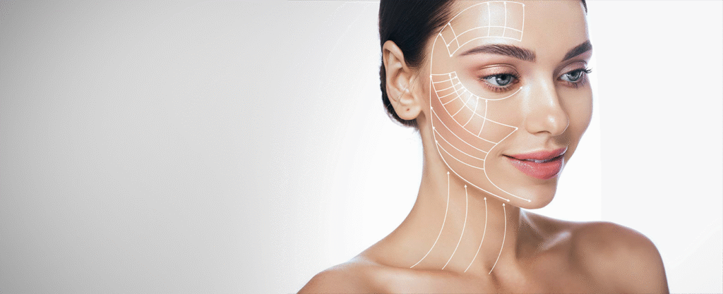 A woman smiling slightly with a complex white graphic overlay showing precise grid segments across the forehead, eye area, cheek, and vertical lifting lines on the neck.