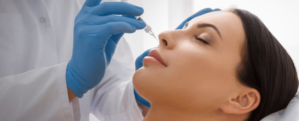 A woman receiving an injection near her nose, administered by a professional wearing blue gloves.
