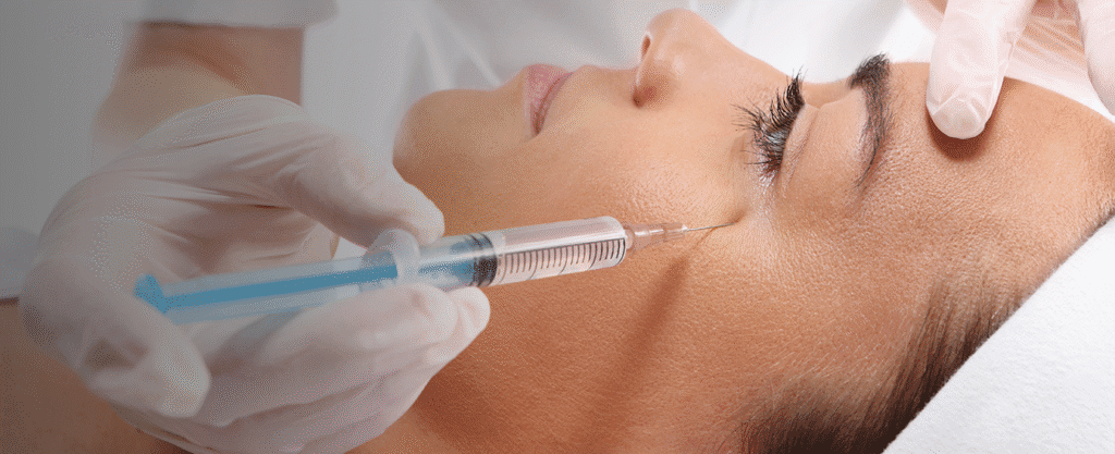 Woman receiving facial injection near her eye.