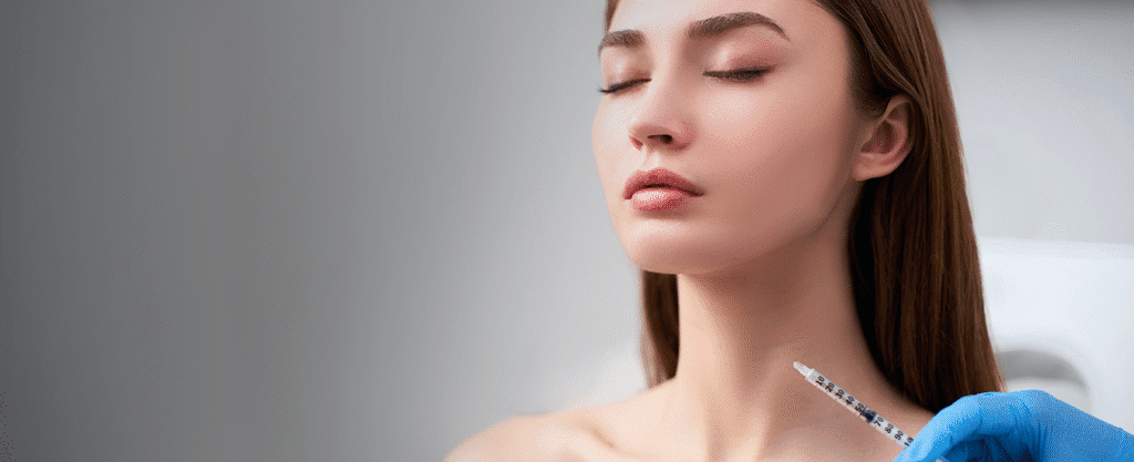 Woman receiving neck injection.