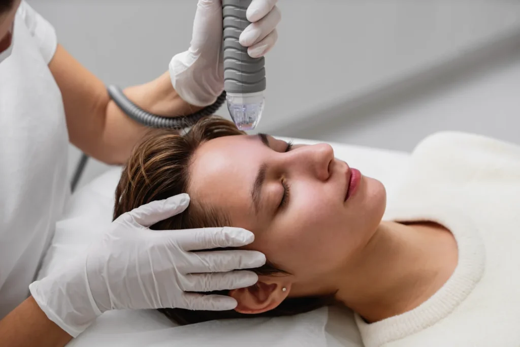 Practitioner performing a micro-needling procedure on a patient's forehead.