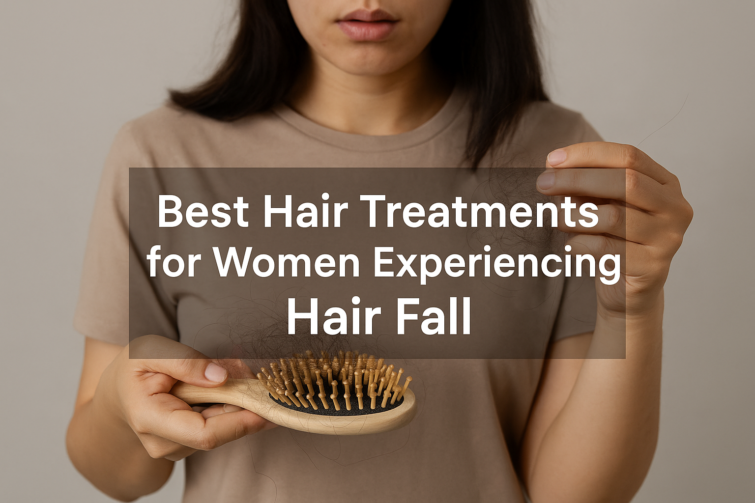A close-up shot of a woman in a brown t-shirt experiencing hair loss. She holds a brush covered in hair in one hand and a thin strand of hair in the other. Text overlay reads, "Best Hair Treatments for Women Experiencing Hair Fall."