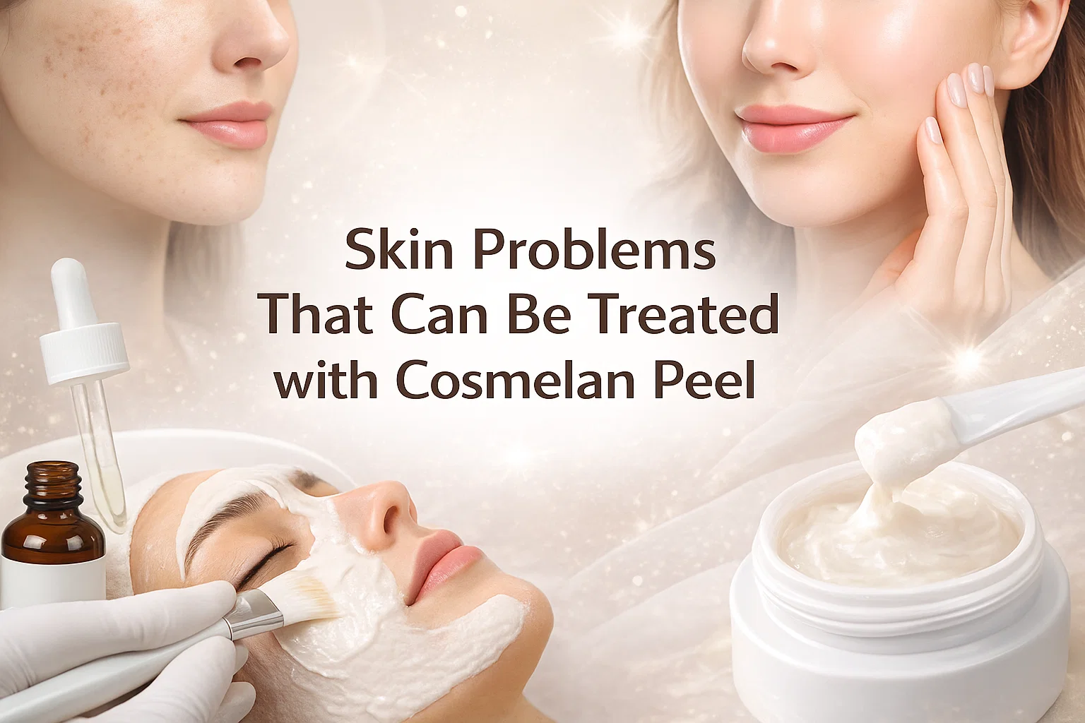 A composite image showcasing the Cosmelan treatment. It features a patient receiving a facial peel application, a jar of the treatment cream, and a "before and after" comparison highlighting the transition from skin with blemishes to a clear, glowing complexion.