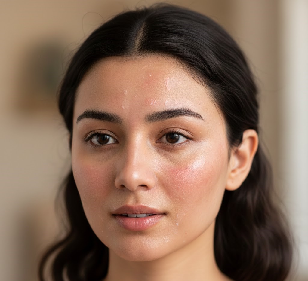 Pakistani woman with post-Cosmelan peel redness and sensitivity