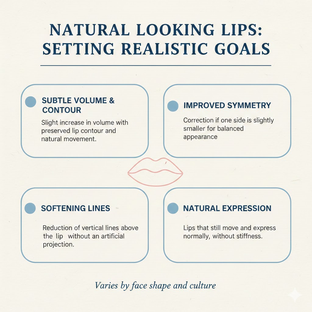 Infographic on realistic goals for natural-looking lips. Key points are: Subtle Volume & Contour, Improved Symmetry, Softening Lines, and Natural Expression.
