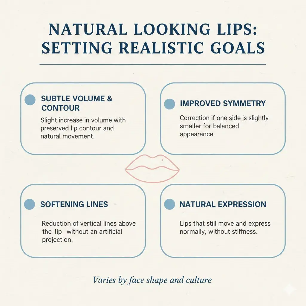 Infographic on realistic goals for natural-looking lips. Key points are: Subtle Volume & Contour, Improved Symmetry, Softening Lines, and Natural Expression.