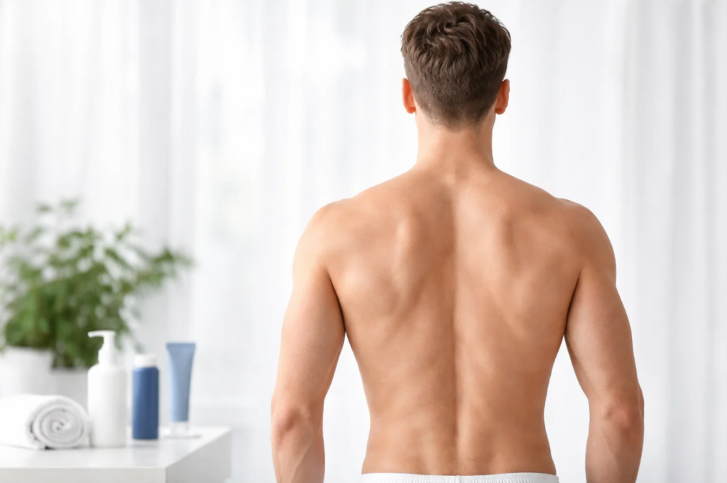 Muscular man's back, smooth skin, ready for or after laser hair removal.