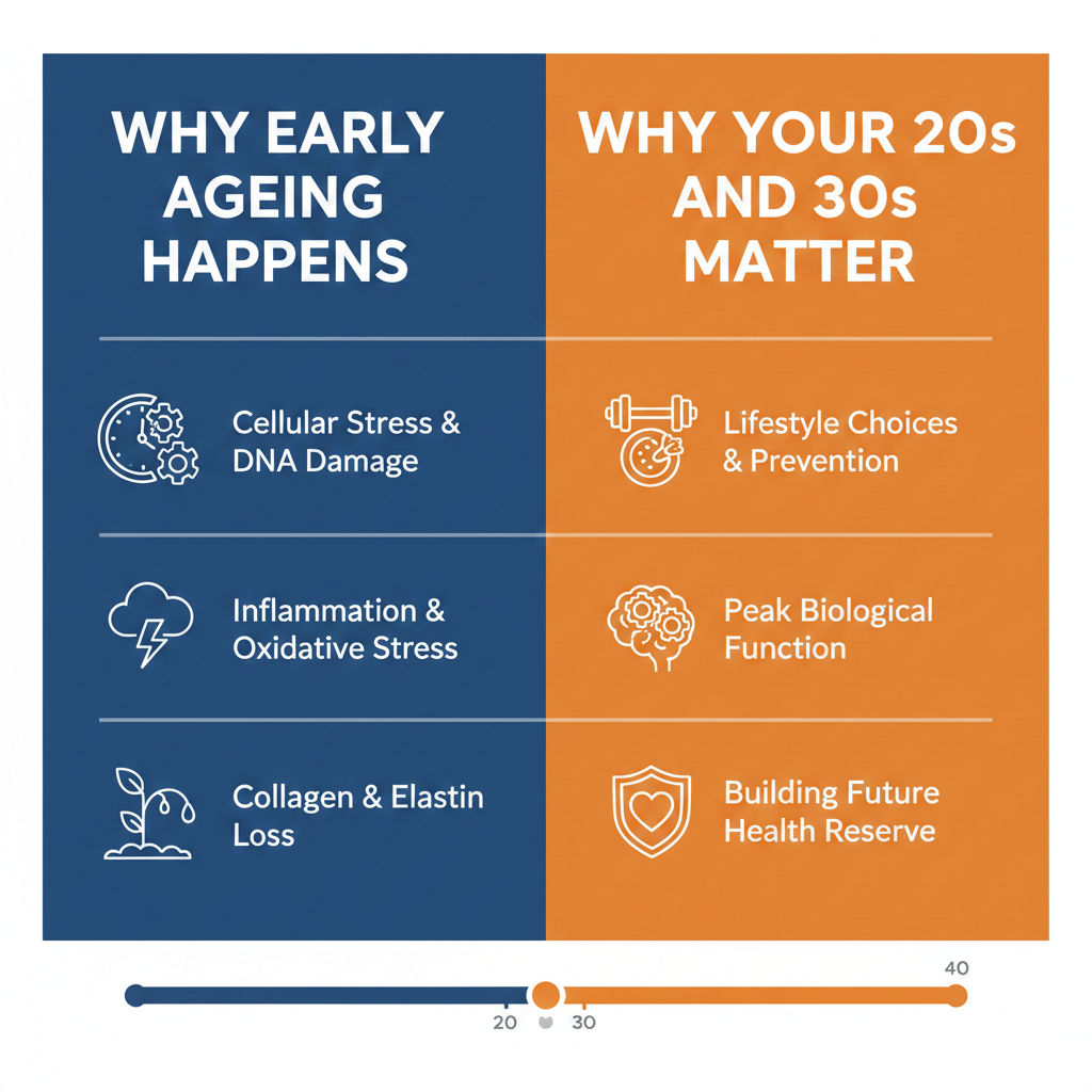 Why Early Ageing Happens and Why Your 20s and 30s Matter." Key reasons for early aging listed: Cellular Stress & DNA Damage, Inflammation & Oxidative Stress, and Collagen & Elastin Loss. Importance of 20s and 30s listed: Lifestyle Choices & Prevention, Peak Biological Function, and Building Future Health Reserve.