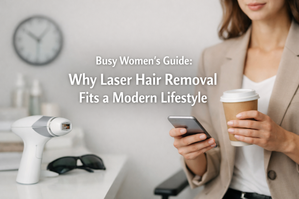 A woman in a blazer holds a phone and coffee near a laser hair removal device.