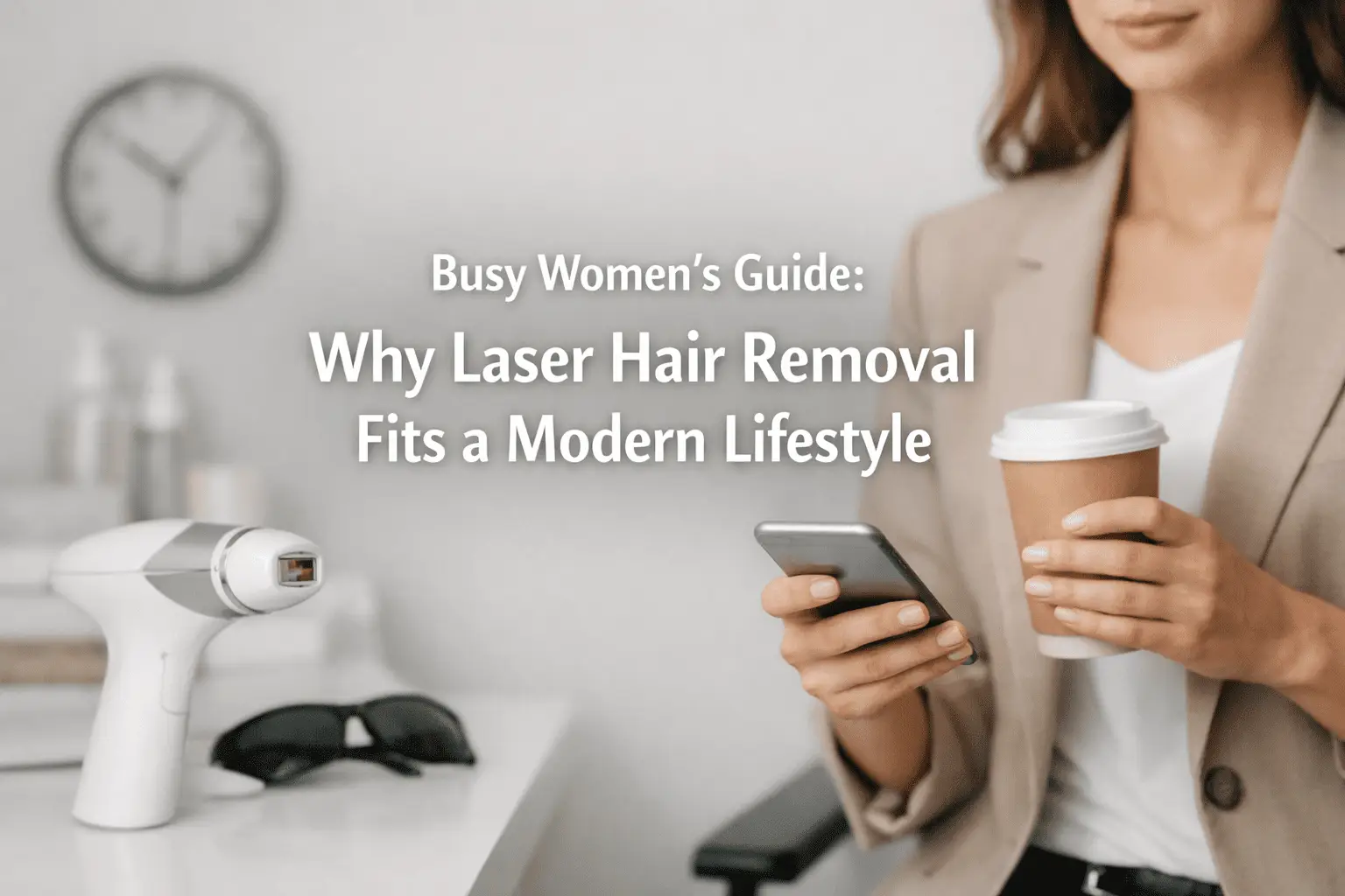 A woman in a blazer holds a phone and coffee near a laser hair removal device.