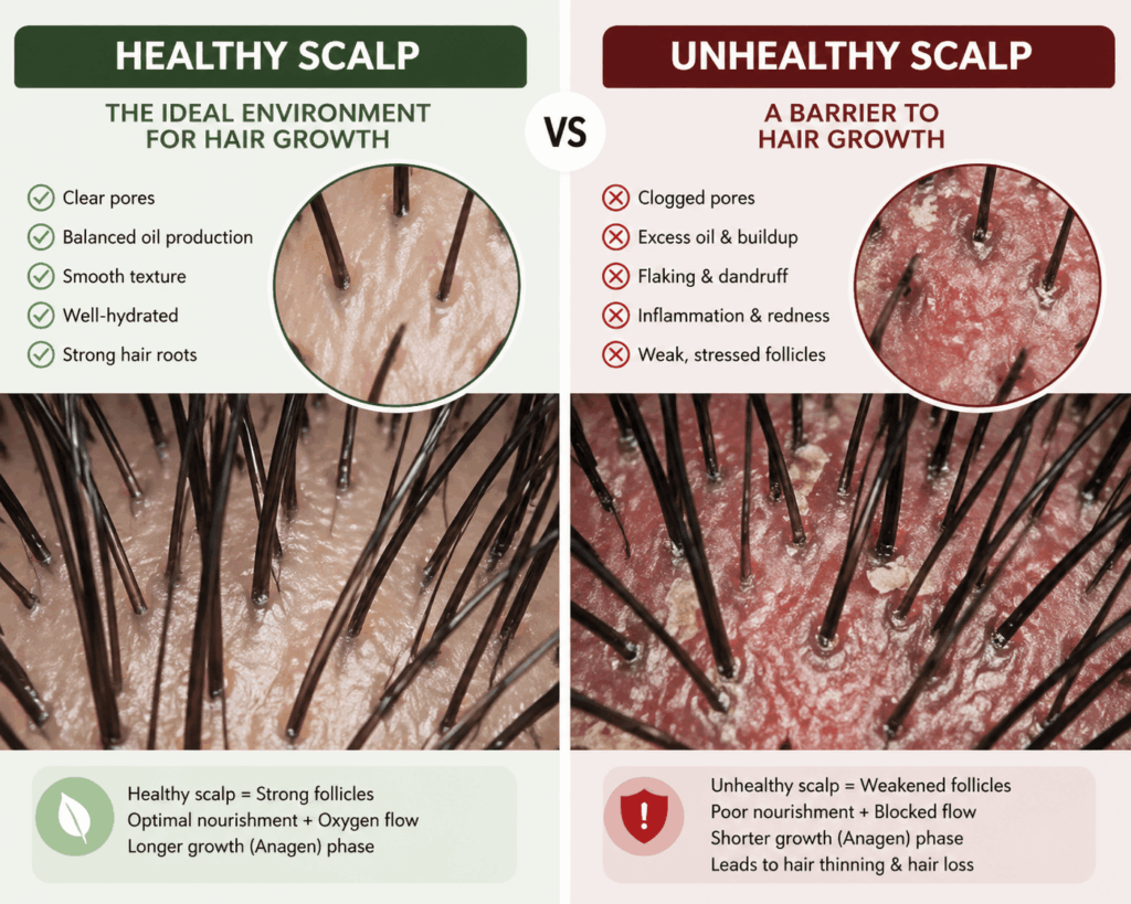 Comparison of healthy and unhealthy scalp conditions, highlighting factors affecting hair growth. The left side illustrates a healthy scalp with clear pores, balanced oil production, smooth texture, hydration, and strong hair roots. The right side depicts an unhealthy scalp with clogged pores, excess oil, flaking, inflammation, and weak follicles, emphasizing the impact on hair health.