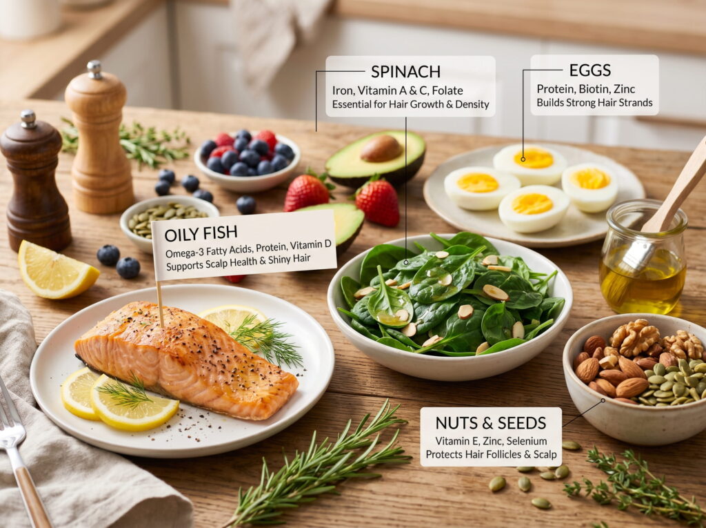 Healthy foods for hair care, featuring oily fish rich in omega-3 fatty acids, protein, and vitamin D; spinach packed with iron, vitamins A and C, and folate; eggs providing protein, biotin, and zinc; and a mix of nuts and seeds offering vitamin E, zinc, and selenium for scalp health.