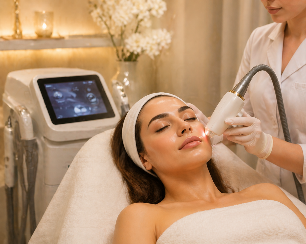 Woman receiving a facial treatment with a laser device in a spa setting, showcasing advanced skincare technology and relaxation.