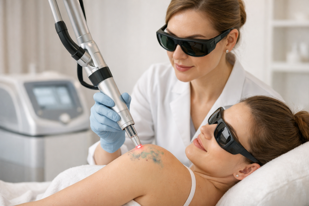 Female dermatologist performing laser tattoo removal on a patient's shoulder while both wear protective glasses in a modern clinic setting.