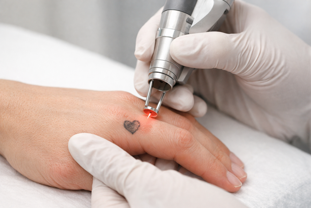 Laser tattoo removal procedure on a hand, featuring a close-up of a heart tattoo being treated with a laser device by a professional wearing gloves.