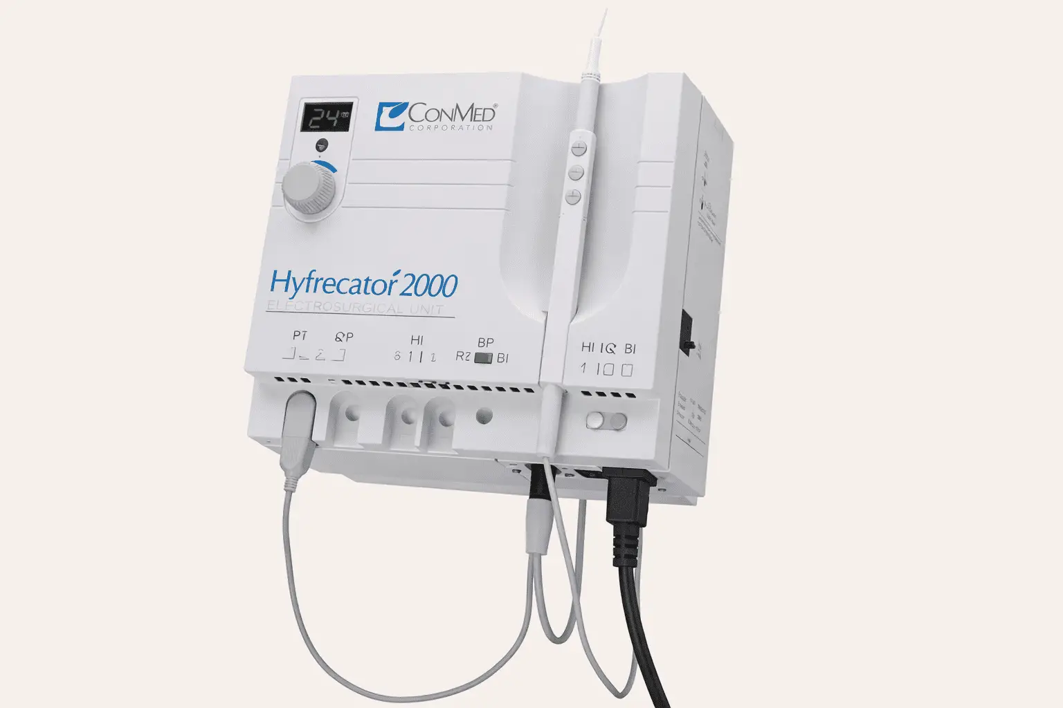 Electrosurgical unit Hyfrecator 2000 by ConMed Corporation, featuring digital display, adjustable settings, and multiple output ports for surgical applications.