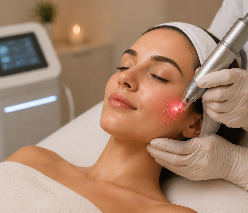 Woman receiving a laser skin treatment at a beauty spa, showcasing a close-up of the procedure with a handheld laser device targeting her cheek, while a modern skincare machine is visible in the background.
