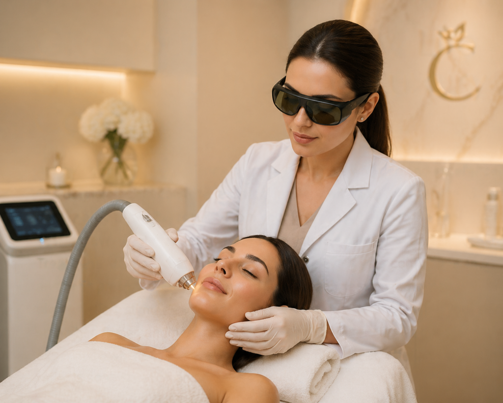 A skincare professional performing a facial treatment on a client using a laser device in a modern spa setting, showcasing advanced skincare technology and relaxation.