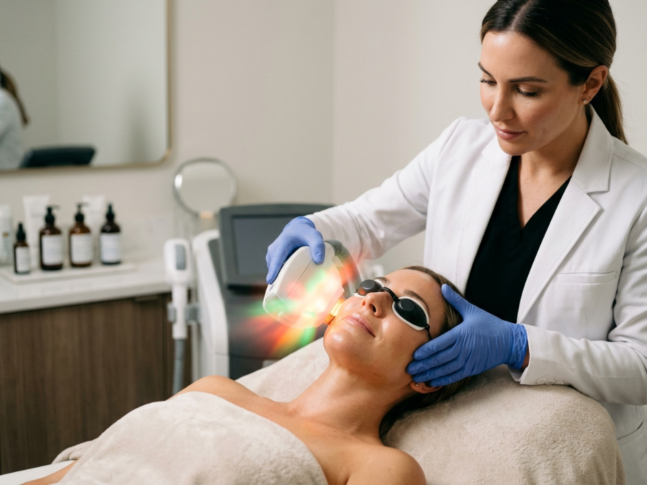 A skincare professional performs a facial treatment using a light therapy device on a client, who is wearing protective goggles and relaxing on a treatment bed. The background features skincare products and equipment, highlighting a modern aesthetic clinic environment.