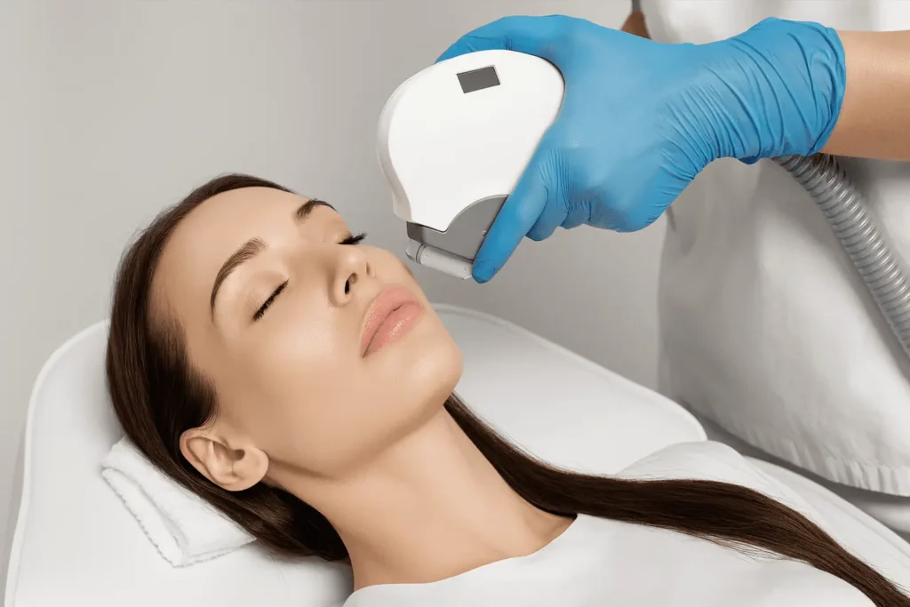 A skincare professional using a facial treatment device on a woman's face in a clinical setting, highlighting advanced beauty technology and skincare procedures.