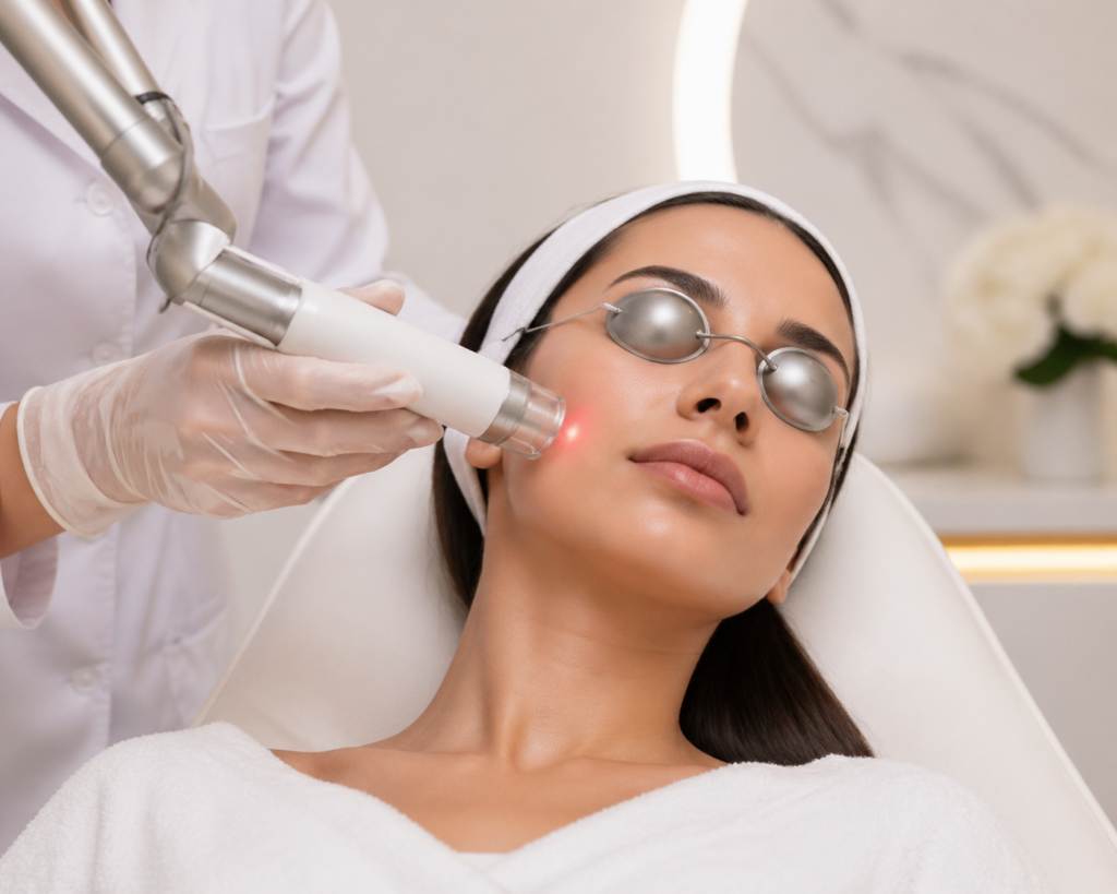 A woman receiving a facial treatment with a laser device in a modern skincare clinic, wearing protective eyewear and a white robe, while a professional technician administers the procedure.