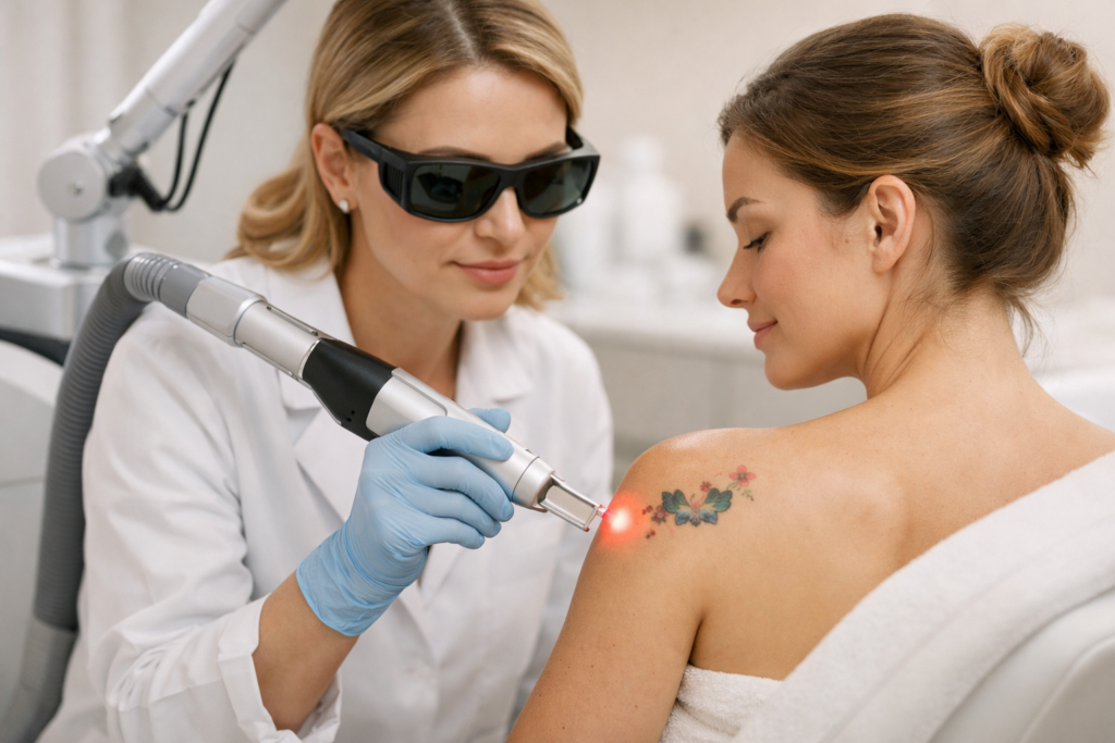 A dermatologist performing a laser tattoo removal procedure on a woman's shoulder tattoo in a clinical setting, showcasing advanced skincare technology and professional care.