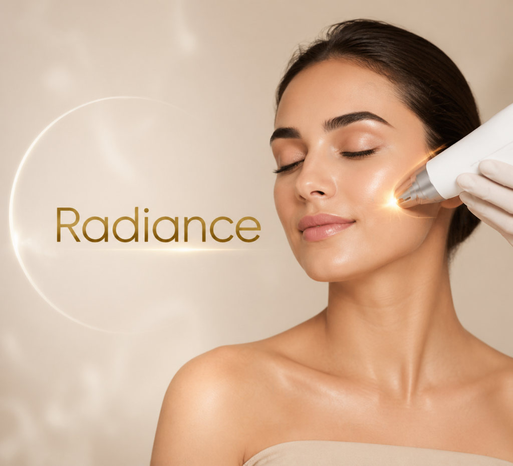 Woman receiving a facial treatment for skin radiance, with a handheld device applied to her cheek, highlighting glowing skin and a serene expression.