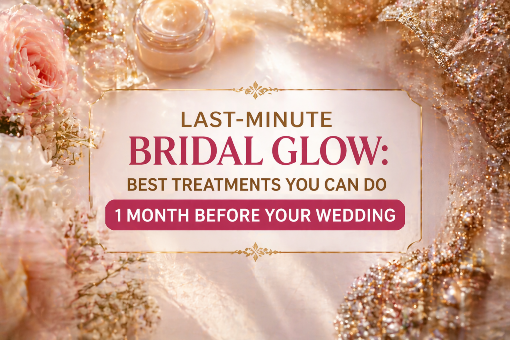 Alt text: A soft, romantic background featuring pink flowers, shimmering fabrics, and a jar of skincare cream, promoting last-minute bridal glow treatments to enhance beauty one month before a wedding.