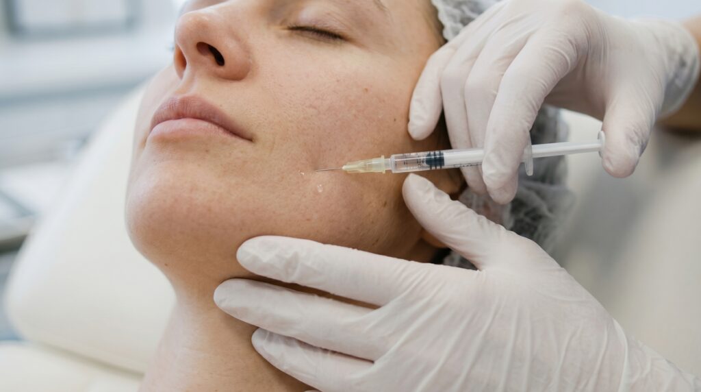 Close-up of a woman receiving a cosmetic injection in her cheek, with a medical professional administering the treatment while wearing gloves. The setting appears to be a modern clinic focused on skincare and aesthetic procedures.