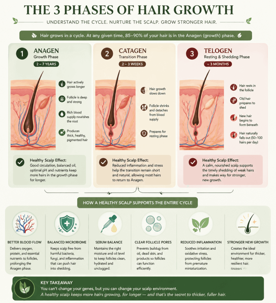 Infographic illustrating the three phases of hair growth: Anagen (growth phase), Catagen (transition phase), and Telogen (resting and shedding phase). It includes details on the duration of each phase, the effects of a healthy scalp on hair growth, and how scalp health supports the overall cycle. Key points highlight blood flow, balanced microbiome, sebum balance, clear follicle pores, reduced inflammation, and stronger new growth for healthier hair.