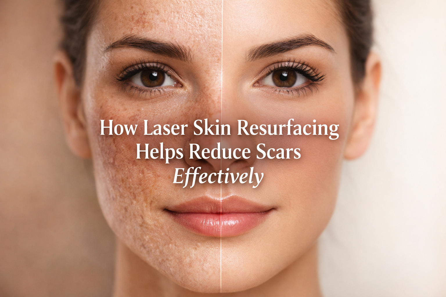 Before and after comparison of laser skin resurfacing treatment, highlighting its effectiveness in reducing scars and improving skin texture. The left side shows skin with visible scars, while the right side displays smooth, clear skin.