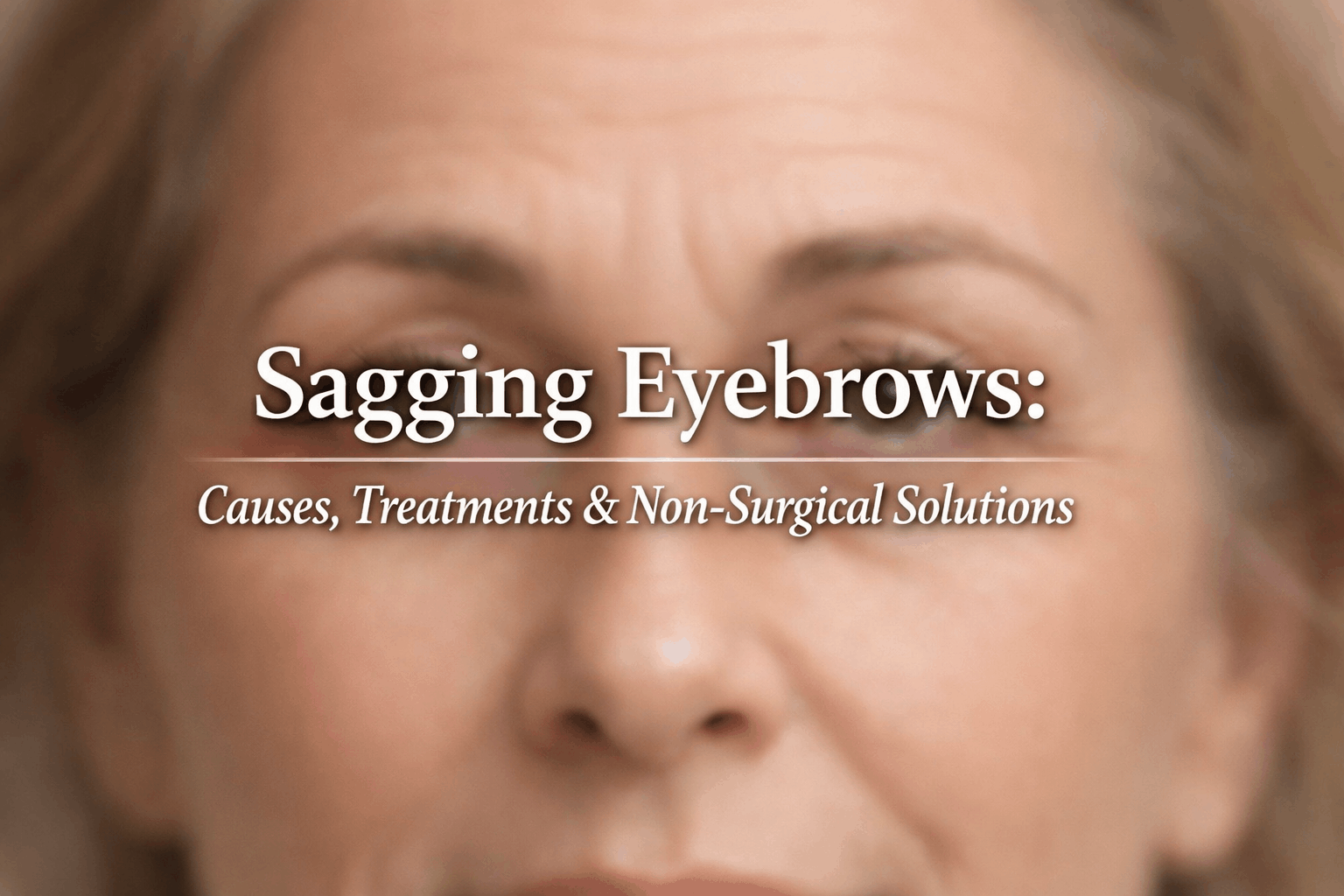 Close-up of a woman's face highlighting sagging eyebrows, with text overlay discussing causes, treatments, and non-surgical solutions for eyebrow sagging.