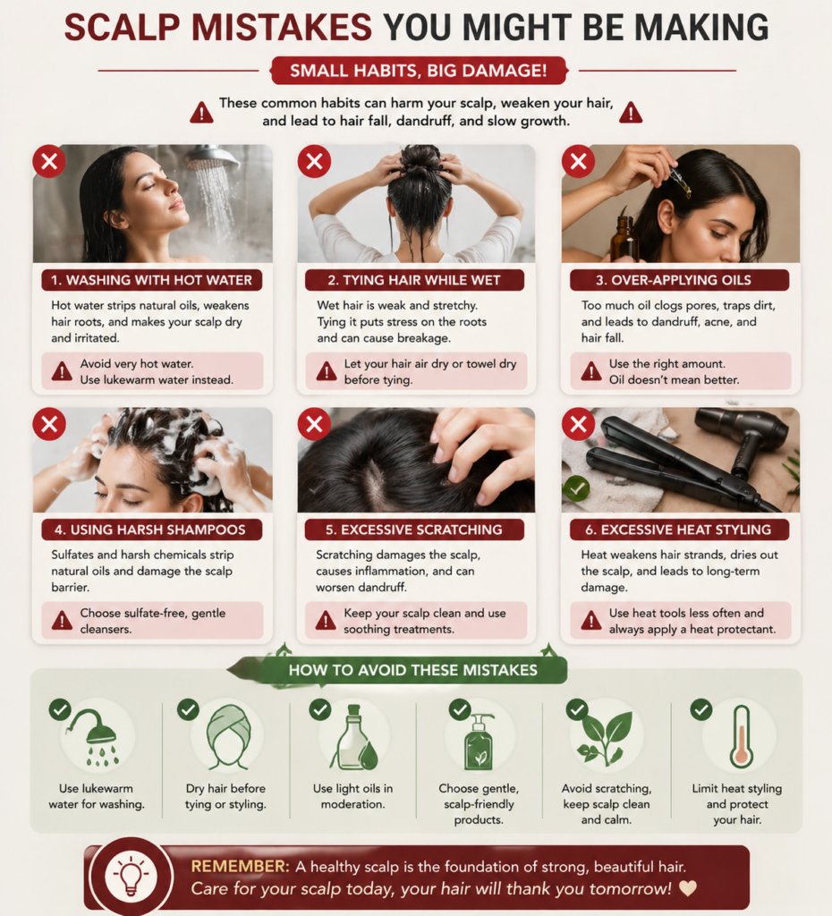 Infographic highlighting common scalp mistakes and tips for healthy hair care, including avoiding hot water, tying wet hair, over-applying oils, using harsh shampoos, excessive scratching, and heat styling. Provides solutions like using lukewarm water, drying hair before styling, and choosing gentle products. Emphasizes the importance of a healthy scalp for beautiful hair.