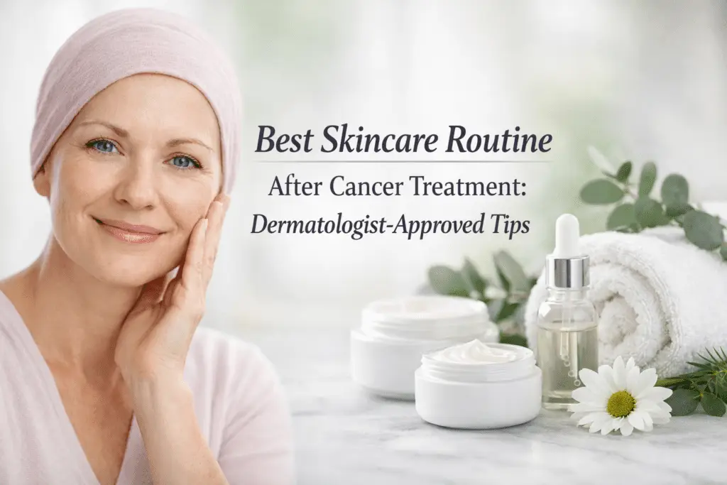 Woman with a headscarf smiling and touching her face, showcasing a gentle skincare routine. In the foreground, skincare products including a cream jar, a serum bottle, and a rolled towel, with greenery and a daisy flower, emphasizing dermatologist-approved tips for post-cancer treatment skincare.
