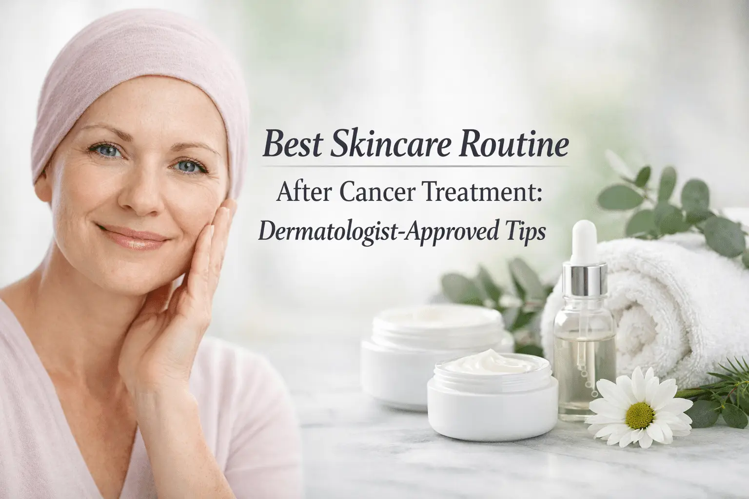 Woman with a headscarf smiling and touching her face, showcasing a gentle skincare routine. In the foreground, skincare products including a cream jar, a serum bottle, and a rolled towel, with greenery and a daisy flower, emphasizing dermatologist-approved tips for post-cancer treatment skincare.