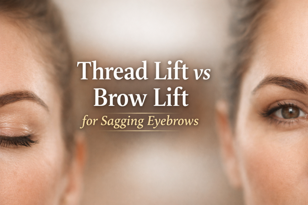 Image comparing Thread Lift and Brow Lift procedures for addressing sagging eyebrows, highlighting the differences in technique and results.