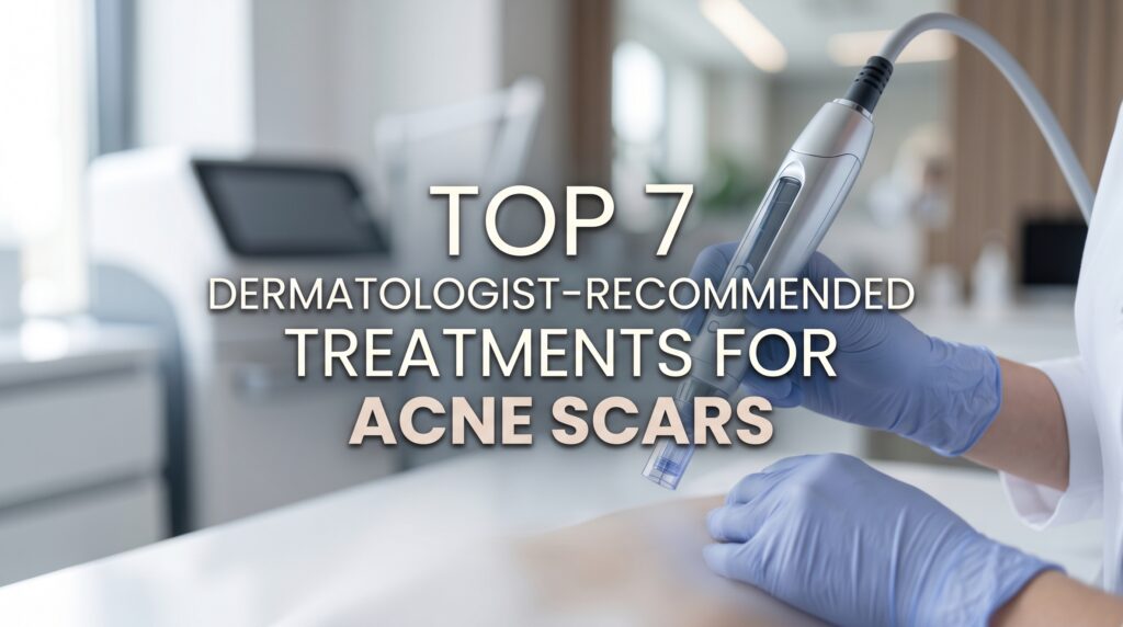 Image of a dermatologist using a microneedling device on a patient's skin, highlighting the top seven dermatologist-recommended treatments for acne scars in a modern clinic setting.