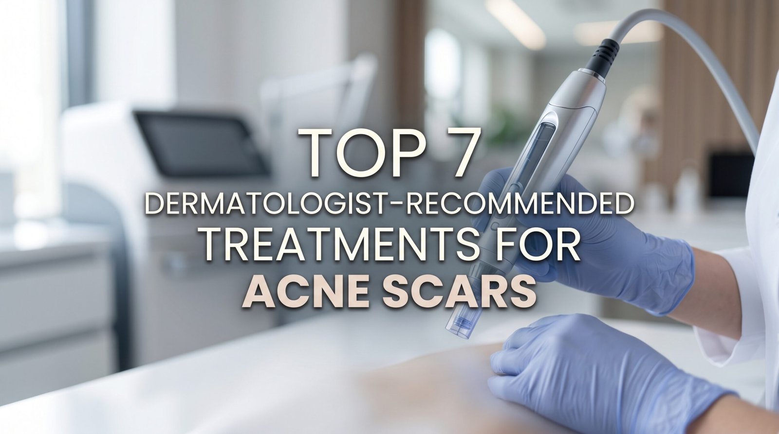 Image of a dermatologist using a microneedling device on a patient's skin, highlighting the top seven dermatologist-recommended treatments for acne scars in a modern clinic setting.