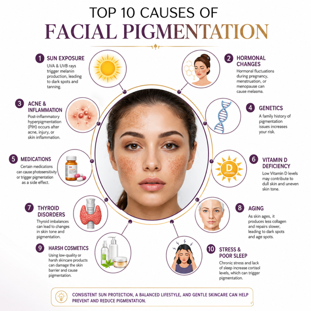 Infographic illustrating the top 10 causes of facial pigmentation, including sun exposure, hormonal changes, acne, genetics, vitamin D deficiency, medications, thyroid disorders, harsh cosmetics, aging, and stress. The image features a woman with freckles and highlights the importance of sun protection and skincare for preventing pigmentation issues.