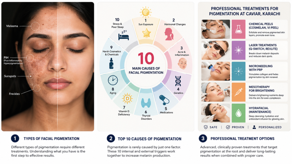 Image illustrating facial pigmentation types and treatments, featuring a woman with various pigmentation issues on one side. The infographic includes the main causes of facial pigmentation, such as sun exposure, hormonal changes, and aging, along with professional treatment options available at Caviar in Karachi, including chemical peels, laser treatments, microneedling, and hydrafacial.